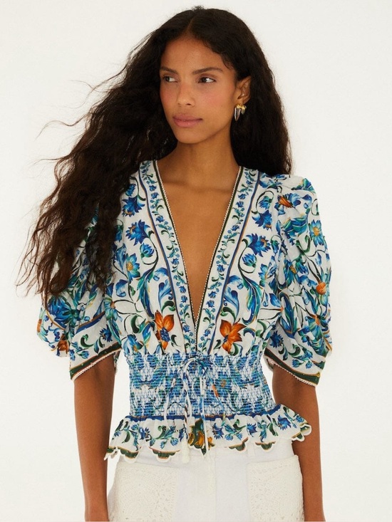 FARM Rio Tops - FARM Rio Blue and White Floral V-Neck Smocked Waist Puff Sleeve Top